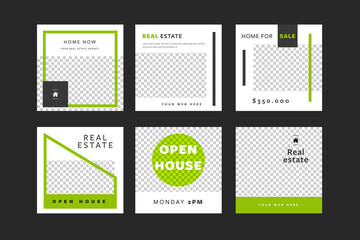 Real estate social media post layouts with green accent. Set of editable square templates for estate agent or home sellers. Graphics for instagram and facebook