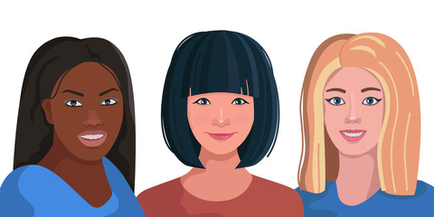 vector illustration, group of happy girls of different nationalities
