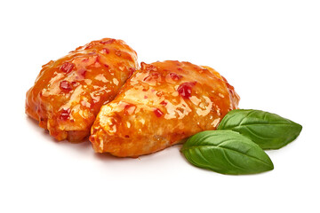 Chicken thighs in chili sauce, isolated on white background