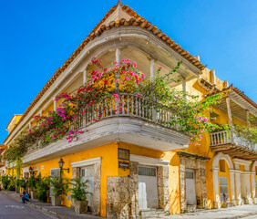 yellow colonial facades on the walled city of cartagena
