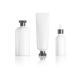 Set of Vector realistic cosmetic white container with grey cap with collagen solution advertising background ready to use, luxury skin care cream tube. Beauty product ad design. Mockup