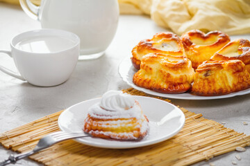 Cheese curd dish for breakfast - sweet cottage cheese pancakes, syrniki, curd fritters, selective focus