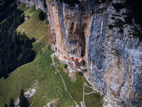 Drone photo of Berggasthaus Aescher in Suisse Alps