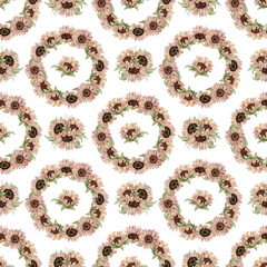 Seamless pattern of watercolor sunflowers with green leaves on the white background.