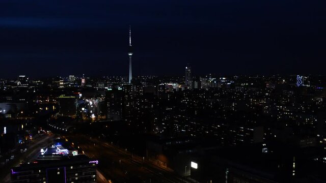 moody Aerial night flight over Berlin Skyline