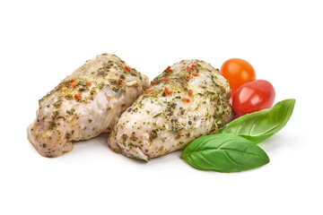 Chicken thighs in garlic sauce with spices, isolated on white background