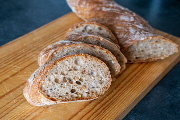 sliced bread on wooden board