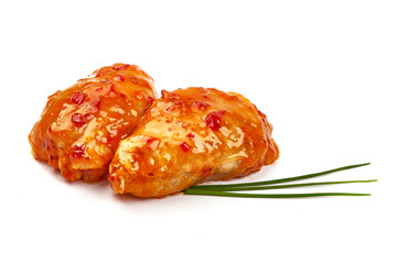 Chicken thighs in chili sauce, isolated on white background