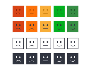 Fototapeta premium Vector emoticons for rating, poll, customer review. Colored black square icons editable stroke. Set of moods from angry to happy. Satisfied scale, stars dissatisfied, sad, indifferent, glad, satisfied