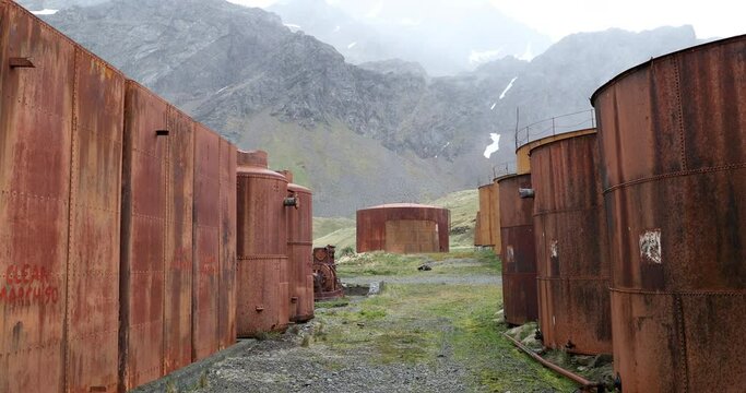 Abandoned rusty whaling station buildings