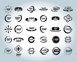 360 Degrees View Vector Icons set. Virtual reality icons. Isolated vector illustrations. Black and white version.