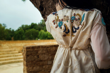 Naklejka premium Moroccan traditional dress, embroidery on the caftan. Festive women's clothing in Morocco