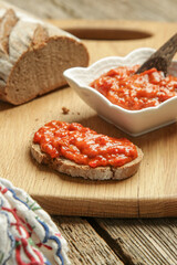 Roasted vegetable spread with bread. Homemade food concept.