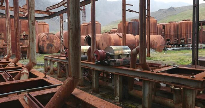 Abandoned rusty whaling station buildings