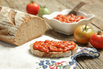Roasted vegetable spread with bread. Homemade food concept.