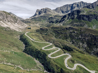 Drone photo of winding roads on Julierpass in Switzerland