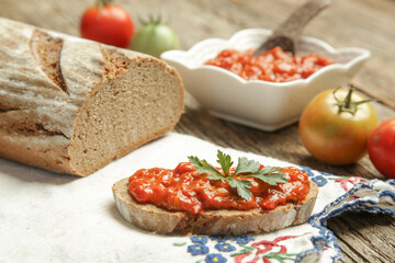 Roasted vegetable spread with bread. Homemade food concept.