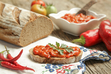 Roasted vegetable spread with bread. Homemade food concept.