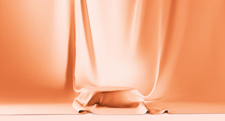 Luxury cosmetic ads, realistic cosmetic orange silk cloth background. Use for cosmetic or products presentations. Cloth podium