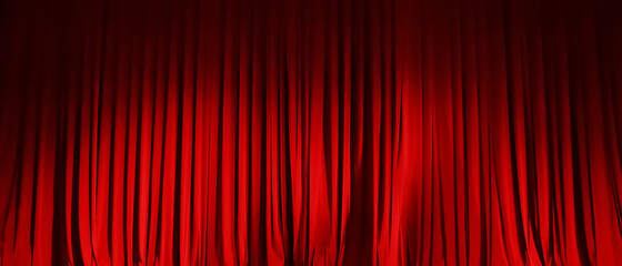 Closed red curtain of stage in spotlight before show. - obrazy, fototapety, plakaty