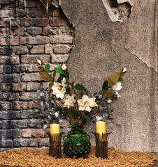 Stone Wall with Chairs and Flowers