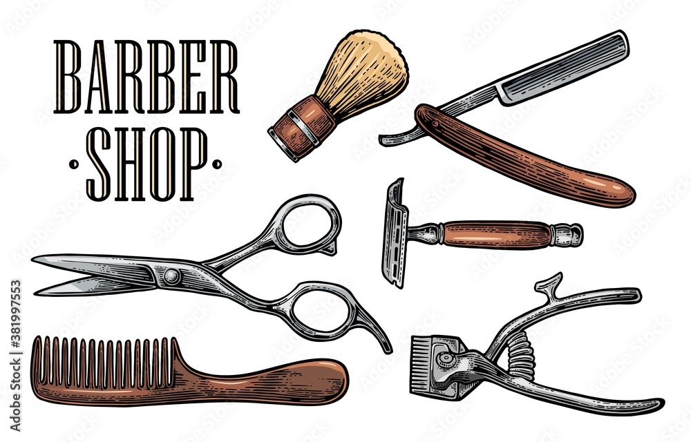 Wall mural Set tool for BarberShop with logotype