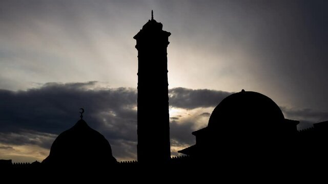 Minaret Of Banu Umayya Mosque in Aleppo, Time Lapse at Sunrise with Fast Clouds, Syria