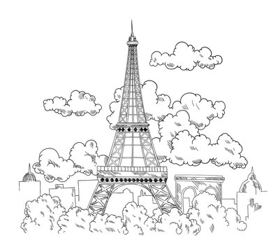 Eiffel Tower drawn by pen. Beautiful banner with Paris city landscape. Hand drawn sketch with view of famous architecture monument