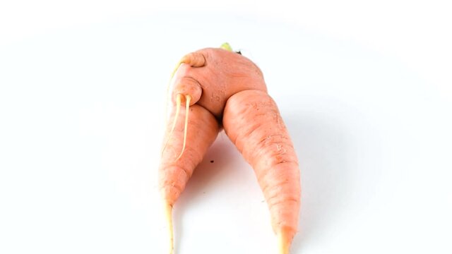 Ugly carrot rotate on a white background. Funny, unnormal vegetable or food waste concept. Horizontal orientation