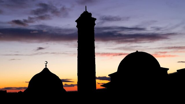 The Great Mosque of Aleppo (Banu Umayya Mosque) Time Lapse at Twilight, Syria