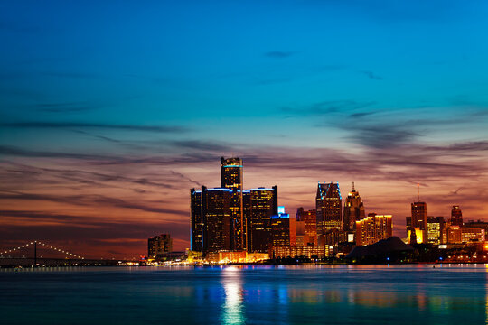 Night view of Detroit river and city downtown from sunset point of Belle Isle, Michigan USA