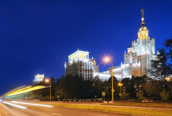 Fototapeta na wymiar Illuminated wide angle night view of famous Russian university main building