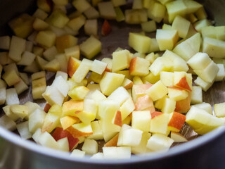 In small pieces, chopped apples lie at the bottom of the pan