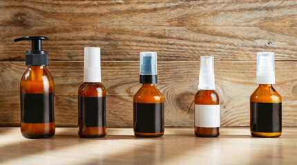 Dark cosmetic amber glass bottles set with blank labels for cosmetics on a wooden background.