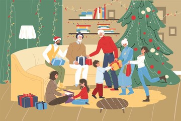 Christmas gift box exchange scene. Happy family greeting giving present each other. Grandparent, mother, father, children at home. Decorated living room, xmas tree. Winter holiday celebration