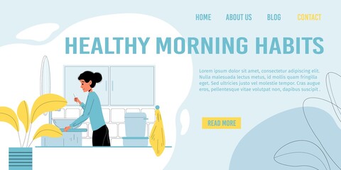 Landing page promoting healthy morning habits. Young boy brushing teeth in bathroom after wakeup. Kids everyday discipline. Positive motivation. Children dental care, health, hygiene concept