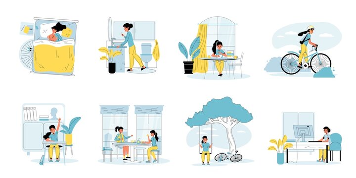 Schoolgirl perform everyday study, leisure set. Girl daily life scene bundle. Schoolchild sleep, do hygiene procedure, eat breakfast, cycle, attend school, have lunch shack, walk, prepare homework