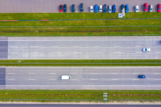 Aerial Top View Of Highway Automobile Traffic Of Many Cars, Transportation Concept