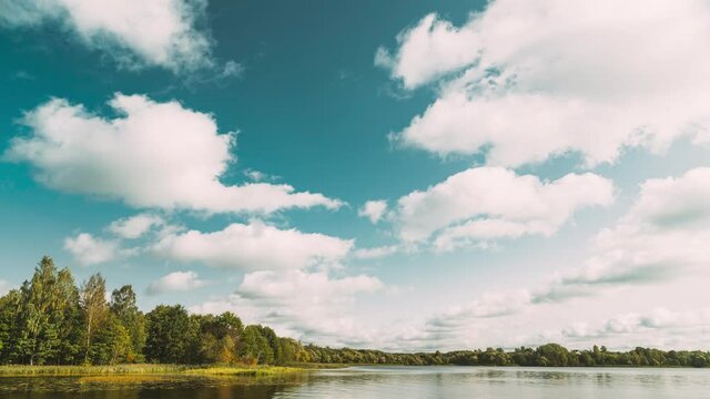 Lyepyel District, Vitebsk Province, Belarus. Summer Cloudy Sky Above Lepel Lake. Time lapse. 4K,