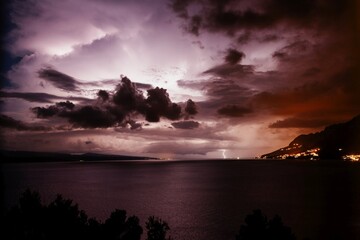 Dark dramatic sky. Thunderstorm over the sea. Brela Croatia, Makarska riviera