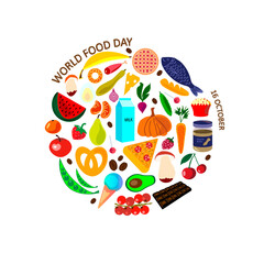World food day, 16 October. Vector illustration of various food items laid out in a circle.