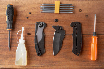 Set of screwdriver, bits, household oil and parts of pocket knife