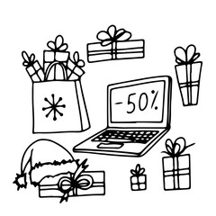 Online shopping.  Buying Christmas gifts online.  Laptop showing discount on screen.  Nearby gifts.  Paper bag with boxes.  Santa Claus hat.