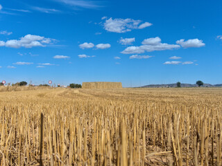 Country side view with empty road, blue sky and white cotton clouds