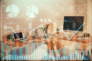 Multi exposure of stock market chart drawing and office interior background. Concept of financial analysis.