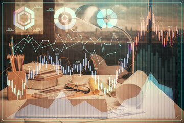 Obraz na płótnie Canvas Double exposure of stock market graph drawing and office interior background. Concept of financial analysis.