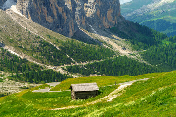 Fototapeta premium Mountain landscape along the road to Gardena pass, Dolomites