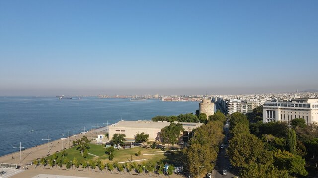 white tower, thessaloniki, greece, macedonia, skg, thermaikos, city, panorama, view, sea, landscape, sky, travel, building, cityscape, panoramic, skyline, urban, europe, water, architecture, town, 