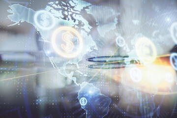 Double exposure of forex chart over coffee cup background in office. Concept of financial analysis and success.