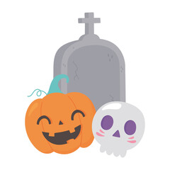 happy halloween pumpkin tombstone and skull cartoon